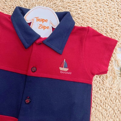 Macacão Curto Piquet com Gola Polo Barquinho - Vermelho e Marinho